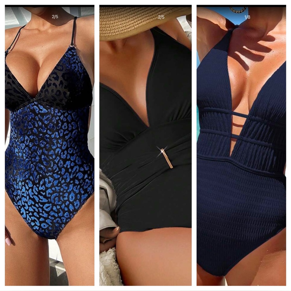THREE one piece swimsuits black and blue